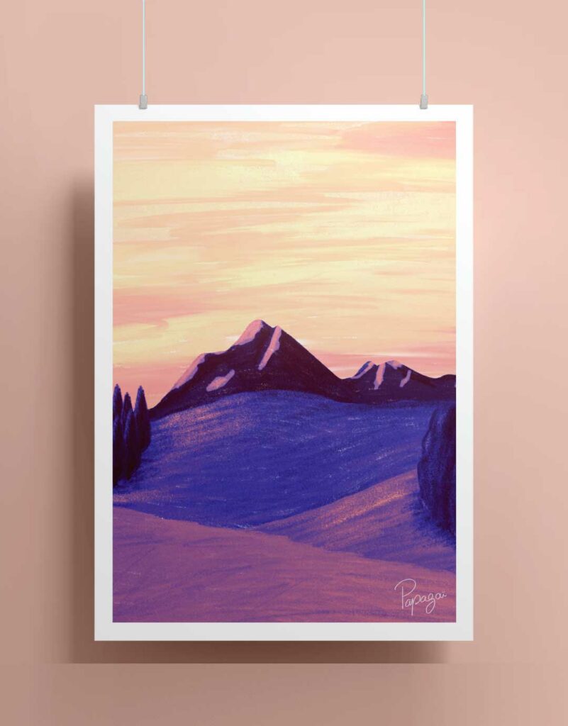 Illustration Décoration Montagne Couché de soleil Ombre et jeu de couleur Coloré