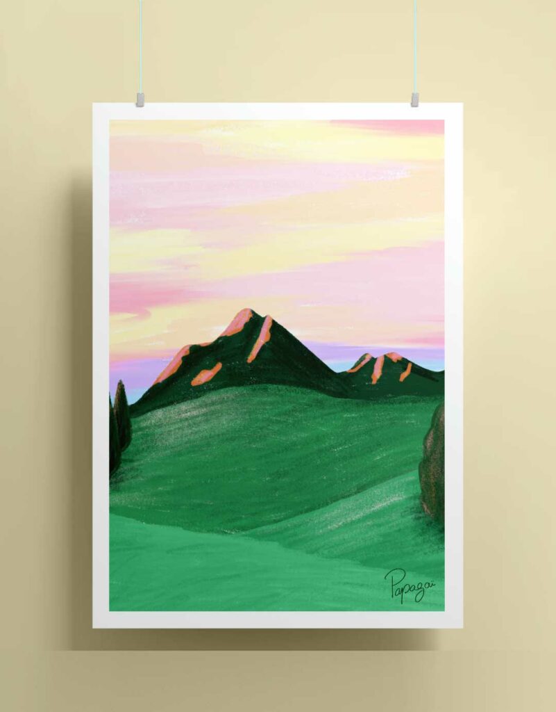 Illustration Décoration Montagne Couché de soleil Ombre et jeu de couleur Coloré