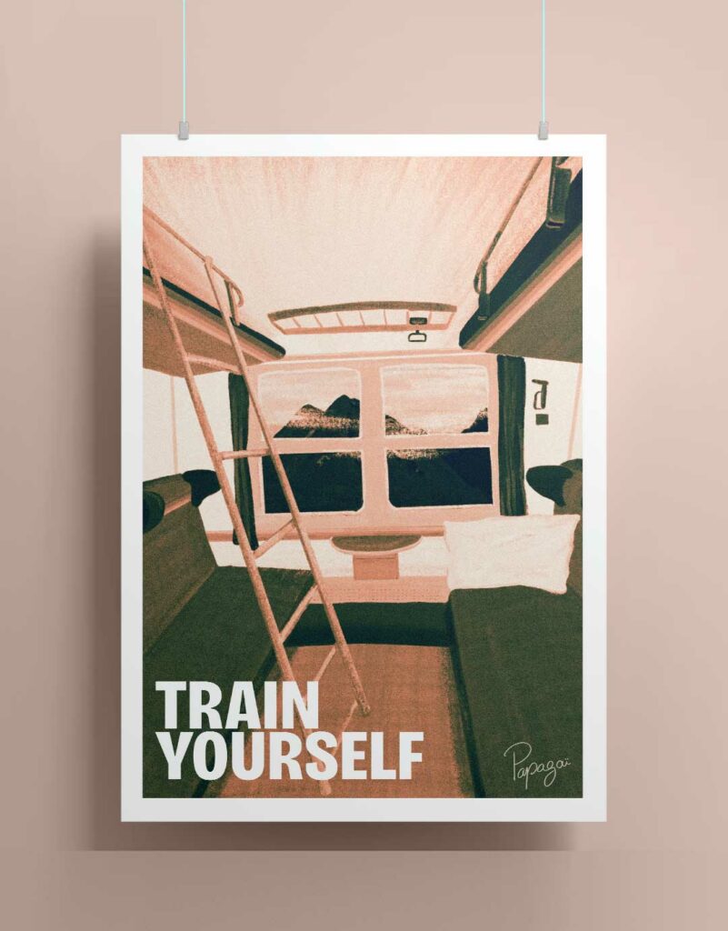 Illustration Décoration Train de nuit Cabine Fenêtre du train Couchette Voyage Coloré Vintage