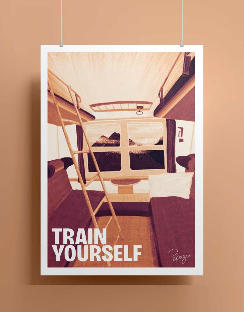 Illustration Décoration Train de nuit Cabine Fenêtre du train Couchette Voyage Coloré