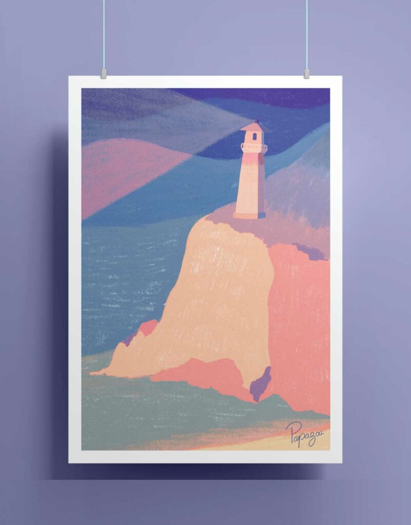 Illustration Décoration Phare Falaise Ile Ombre et jeu de couleur Coloré
