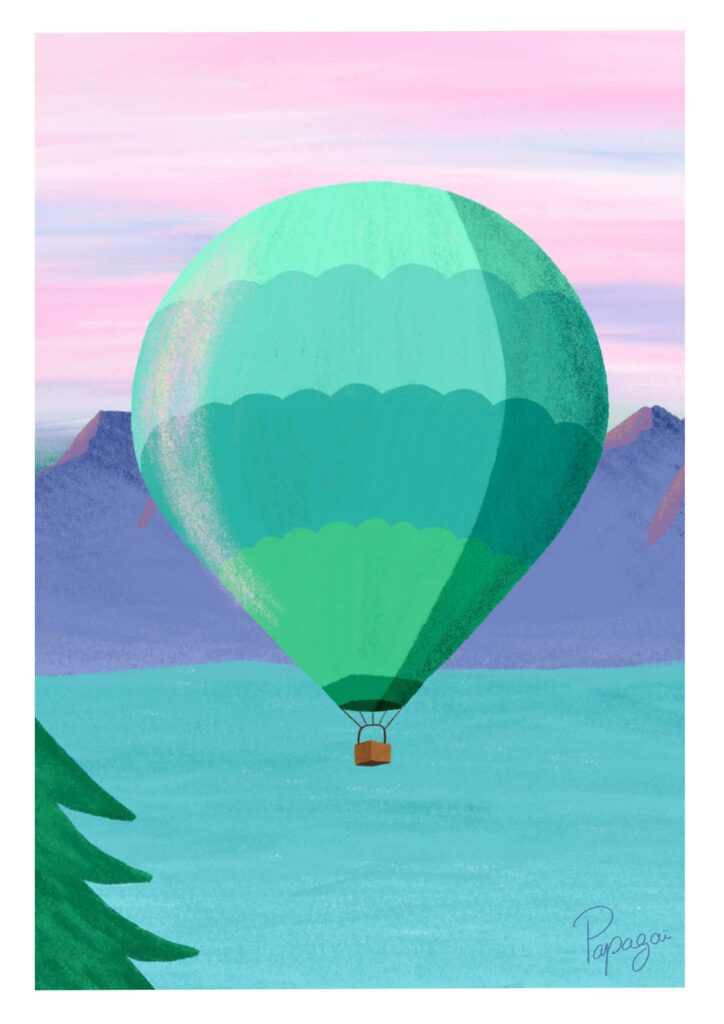 Illustration Décoration Montgolfière Montagne Dans les airs Coucher du soleil Nature